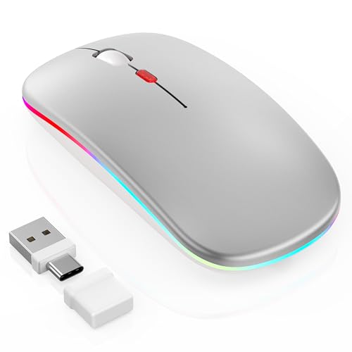 Kabellose Maus mit Jiggler-Modus – Bluetooth 5.2 & 2.4G Funk, für Laptop, PC, iOS, Android, iPad & Windows, 7-farbige LED & 1600 DPI optisch (Jiggler Modus, Silbern) Bild 1