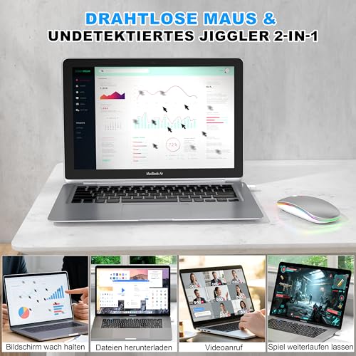 Kabellose Maus mit Jiggler-Modus – Bluetooth 5.2 & 2.4G Funk, für Laptop, PC, iOS, Android, iPad & Windows, 7-farbige LED & 1600 DPI optisch (Jiggler Modus, Silbern) Bild 2