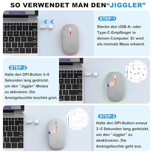 Kabellose Maus mit Jiggler-Modus – Bluetooth 5.2 & 2.4G Funk, für Laptop, PC, iOS, Android, iPad & Windows, 7-farbige LED & 1600 DPI optisch (Jiggler Modus, Silbern) Bild 3