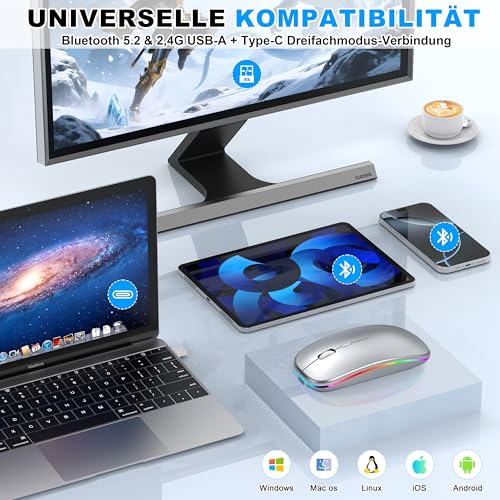 Kabellose Maus mit Jiggler-Modus – Bluetooth 5.2 & 2.4G Funk, für Laptop, PC, iOS, Android, iPad & Windows, 7-farbige LED & 1600 DPI optisch (Jiggler Modus, Silbern) Bild 4