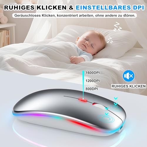 Kabellose Maus mit Jiggler-Modus – Bluetooth 5.2 & 2.4G Funk, für Laptop, PC, iOS, Android, iPad & Windows, 7-farbige LED & 1600 DPI optisch (Jiggler Modus, Silbern) Bild 5