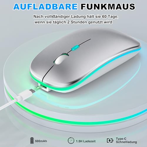 Kabellose Maus mit Jiggler-Modus – Bluetooth 5.2 & 2.4G Funk, für Laptop, PC, iOS, Android, iPad & Windows, 7-farbige LED & 1600 DPI optisch (Jiggler Modus, Silbern) Bild 6