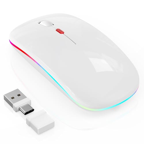 Kabellose Maus mit Jiggler-Modus – Bluetooth 5.2 & 2.4G Funk, für Laptop, PC, iOS, Android, iPad & Windows, 7-farbige LED & 1600 DPI optisch (Jiggler Modus, Weiß) Bild 1