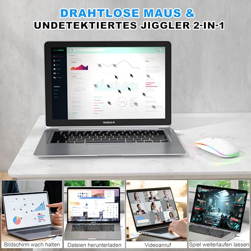 Kabellose Maus mit Jiggler-Modus – Bluetooth 5.2 & 2.4G Funk, für Laptop, PC, iOS, Android, iPad & Windows, 7-farbige LED & 1600 DPI optisch (Jiggler Modus, Weiß) Bild 2