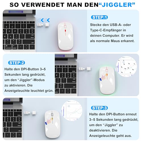 Kabellose Maus mit Jiggler-Modus – Bluetooth 5.2 & 2.4G Funk, für Laptop, PC, iOS, Android, iPad & Windows, 7-farbige LED & 1600 DPI optisch (Jiggler Modus, Weiß) Bild 3