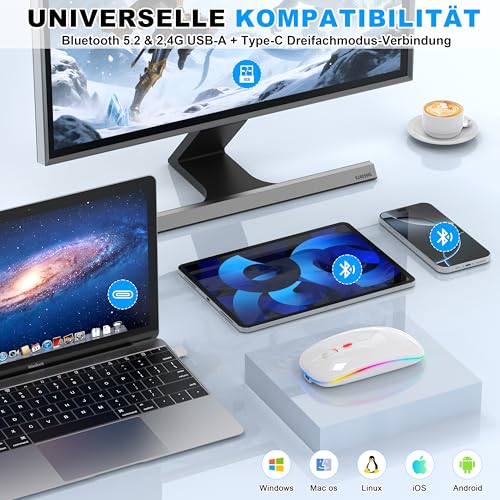 Kabellose Maus mit Jiggler-Modus – Bluetooth 5.2 & 2.4G Funk, für Laptop, PC, iOS, Android, iPad & Windows, 7-farbige LED & 1600 DPI optisch (Jiggler Modus, Weiß) Bild 4
