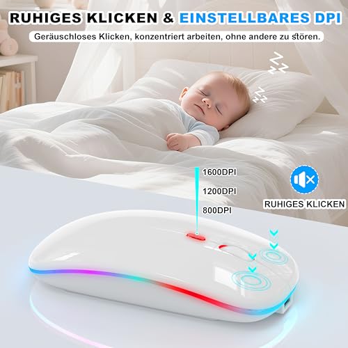 Kabellose Maus mit Jiggler-Modus – Bluetooth 5.2 & 2.4G Funk, für Laptop, PC, iOS, Android, iPad & Windows, 7-farbige LED & 1600 DPI optisch (Jiggler Modus, Weiß) Bild 5
