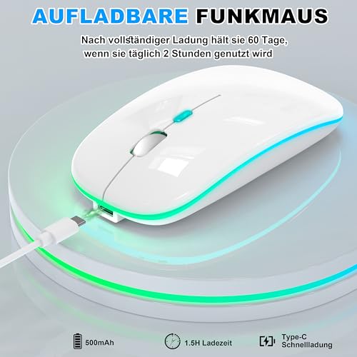 Kabellose Maus mit Jiggler-Modus – Bluetooth 5.2 & 2.4G Funk, für Laptop, PC, iOS, Android, iPad & Windows, 7-farbige LED & 1600 DPI optisch (Jiggler Modus, Weiß) Bild 6