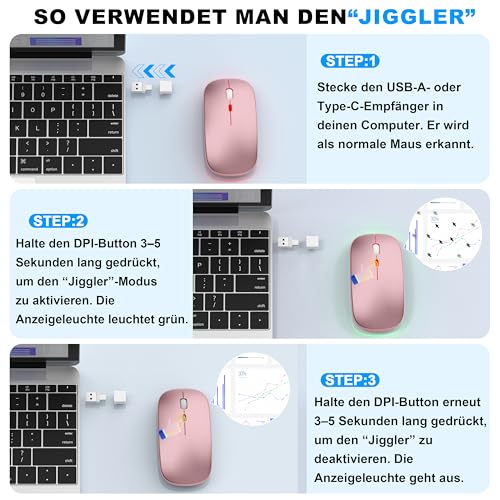 Kabellose Maus mit Jiggler-Modus – Bluetooth 5.2 & 2.4G Funk, für Laptop, PC, iOS, Android, iPad & Windows, 7-farbige LED & 1600 DPI optisch (Jiggler Modus, Roségold) Bild 3
