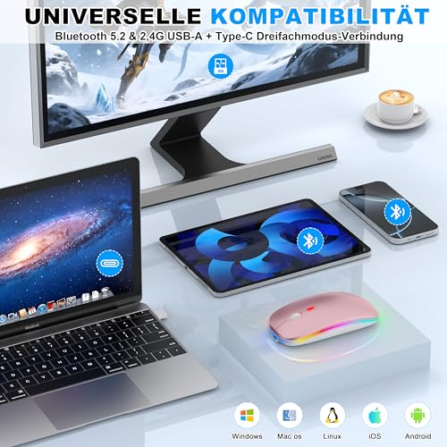 Kabellose Maus mit Jiggler-Modus – Bluetooth 5.2 & 2.4G Funk, für Laptop, PC, iOS, Android, iPad & Windows, 7-farbige LED & 1600 DPI optisch (Jiggler Modus, Roségold) Bild 4