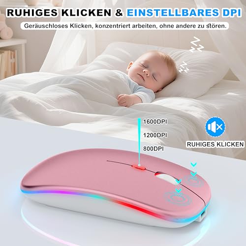 Kabellose Maus mit Jiggler-Modus – Bluetooth 5.2 & 2.4G Funk, für Laptop, PC, iOS, Android, iPad & Windows, 7-farbige LED & 1600 DPI optisch (Jiggler Modus, Roségold) Bild 5