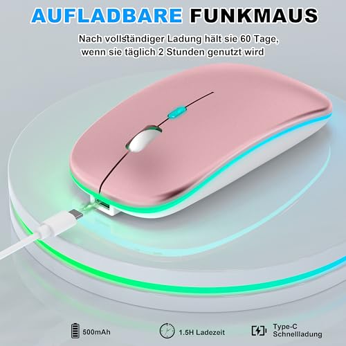 Kabellose Maus mit Jiggler-Modus – Bluetooth 5.2 & 2.4G Funk, für Laptop, PC, iOS, Android, iPad & Windows, 7-farbige LED & 1600 DPI optisch (Jiggler Modus, Roségold) Bild 6