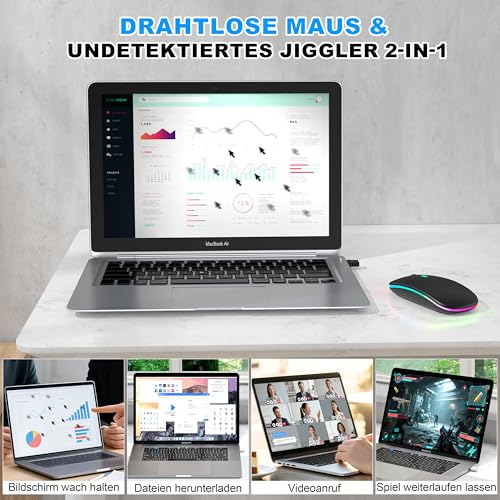 Kabellose Maus mit Jiggler-Modus – Bluetooth 5.2 & 2.4G Funk, für Laptop, PC, iOS, Android, iPad & Windows, 7-farbige LED & 1600 DPI optisch (Jiggler Modus, Schwarz) Bild 2