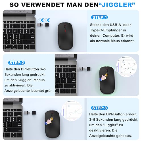 Kabellose Maus mit Jiggler-Modus – Bluetooth 5.2 & 2.4G Funk, für Laptop, PC, iOS, Android, iPad & Windows, 7-farbige LED & 1600 DPI optisch (Jiggler Modus, Schwarz) Bild 3