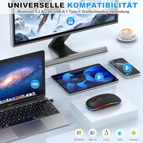 Kabellose Maus mit Jiggler-Modus – Bluetooth 5.2 & 2.4G Funk, für Laptop, PC, iOS, Android, iPad & Windows, 7-farbige LED & 1600 DPI optisch (Jiggler Modus, Schwarz) Bild 4