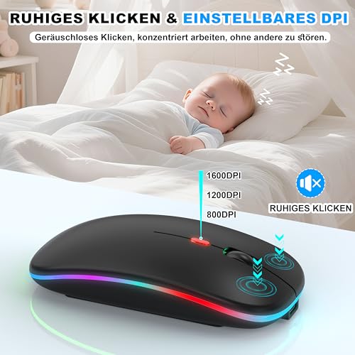 Kabellose Maus mit Jiggler-Modus – Bluetooth 5.2 & 2.4G Funk, für Laptop, PC, iOS, Android, iPad & Windows, 7-farbige LED & 1600 DPI optisch (Jiggler Modus, Schwarz) Bild 5
