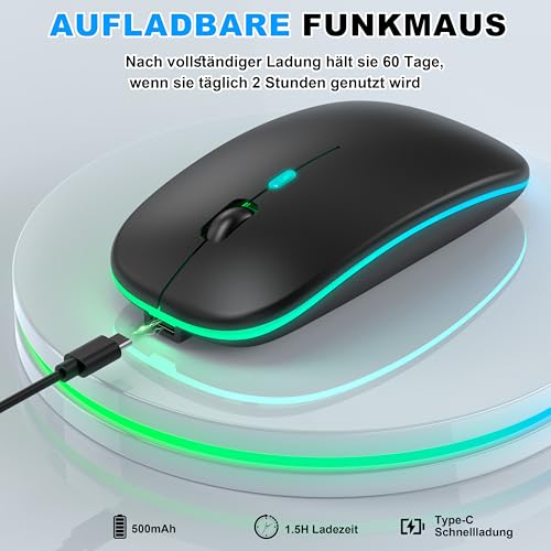 Kabellose Maus mit Jiggler-Modus – Bluetooth 5.2 & 2.4G Funk, für Laptop, PC, iOS, Android, iPad & Windows, 7-farbige LED & 1600 DPI optisch (Jiggler Modus, Schwarz) Bild 6