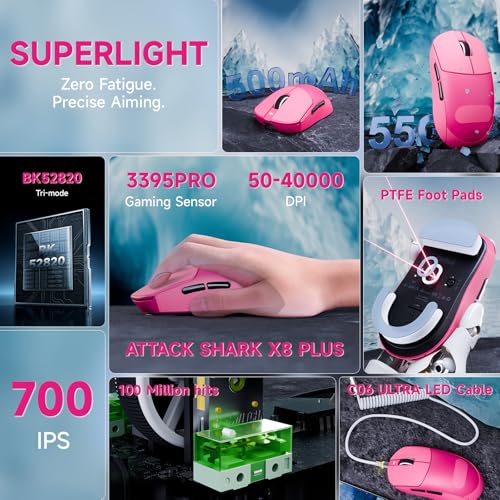 ATTACK SHARK X8 Serie Kabellose Gaming-Maus, 55–65 g Superleicht, PixArt PAW3395/3950 Sensor, BT/2.4G Wireless & USB, bis zu 42.000 DPI, C06 Ultra LED-Kabel (Rosa + Aufkleber, X8 Plus) Bild 3