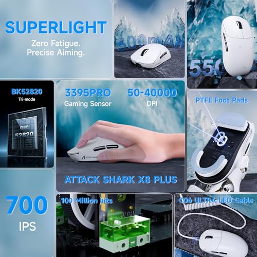 ATTACK SHARK X8 Serie Kabellose Gaming-Maus, 55–65 g Superleicht, PixArt PAW3395/3950 Sensor, BT/2.4G Wireless & USB, bis zu 42.000 DPI, C06 Ultra LED-Kabel (Weiß, X8 Plus) Bild 3