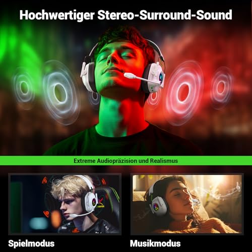Krysenix KGH2 Gaming Headset Wireless für PS4, PS5, PC, Mac, Switch, 2.4GHz Faltbares Kabelloses Headset mit Mikrofon&LED, 40H Akkulaufzeit, Reines Weiß Bild 2