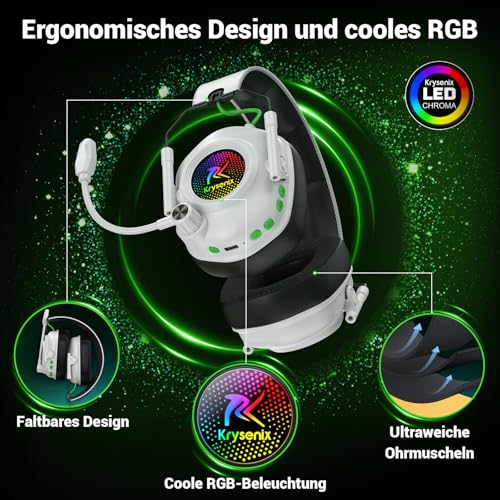 Krysenix KGH2 Gaming Headset Wireless für PS4, PS5, PC, Mac, Switch, 2.4GHz Faltbares Kabelloses Headset mit Mikrofon&LED, 40H Akkulaufzeit, Reines Weiß Bild 3