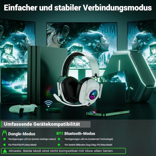 Krysenix KGH2 Gaming Headset Wireless für PS4, PS5, PC, Mac, Switch, 2.4GHz Faltbares Kabelloses Headset mit Mikrofon&LED, 40H Akkulaufzeit, Reines Weiß Bild 4