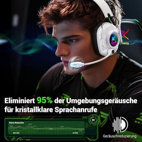 Krysenix KGH2 Gaming Headset Wireless für PS4, PS5, PC, Mac, Switch, 2.4GHz Faltbares Kabelloses Headset mit Mikrofon&LED, 40H Akkulaufzeit, Reines Weiß Bild 5