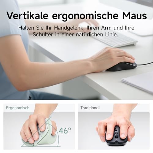 SANWA Ergonomische Maus (2.4G Kabellos + 2 Bluetooth), Leise Klicks Vertikale Maus mit Handballenauflage, 1000-4000 DPI, Computermaus für Große Hände, Kompatibel mit Win, Mac, PC, Laptop, Grün Bild 3