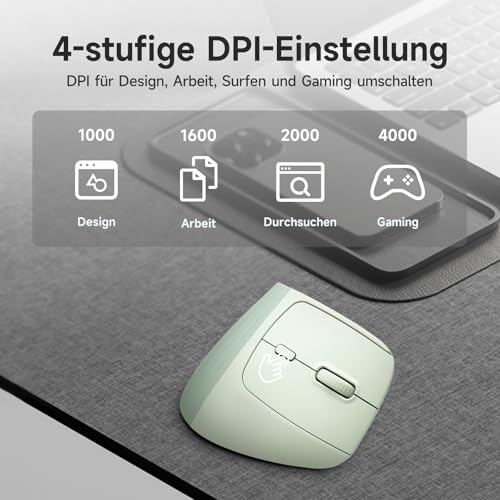 SANWA Ergonomische Maus (2.4G Kabellos + 2 Bluetooth), Leise Klicks Vertikale Maus mit Handballenauflage, 1000-4000 DPI, Computermaus für Große Hände, Kompatibel mit Win, Mac, PC, Laptop, Grün Bild 5