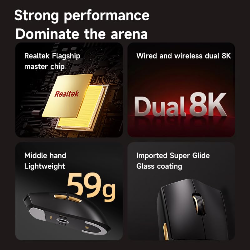 Hyekit MCHOSE K7 Ultra Wireless Esports Gaming Maus mit magnetischer Ladestation, PAW3950 optischer Sensor, Dual 8K Polling, 42K DPI, 59g leicht, 5 programmierbare Tasten, 130 Stunden Akku (Schwarz) Bild 3