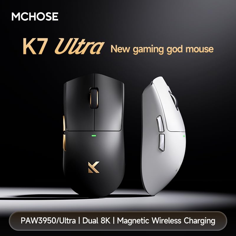 Hyekit MCHOSE K7 Ultra Wireless Esports Gaming Maus mit magnetischer Ladestation, PAW3950 optischer Sensor, Dual 8K Polling, 42K DPI, 59g leicht, 5 programmierbare Tasten, 130 Stunden Akku (Schwarz) Bild 7
