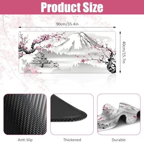 EXIN DECHEN Gaming Mousepad XXL, 900x400mm Weiß Kirschblüten Mousepad Extended Large Pc Unterlage Schreibtisch rutschfest Mauspad Japan Style für Gaming, Büro, Homeoffice, PC, MacBook, Laptop Bild 2
