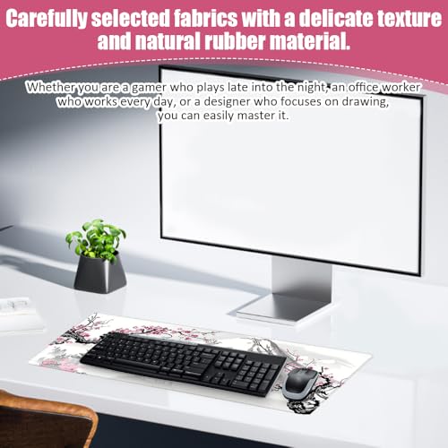 EXIN DECHEN Gaming Mousepad XXL, 900x400mm Weiß Kirschblüten Mousepad Extended Large Pc Unterlage Schreibtisch rutschfest Mauspad Japan Style für Gaming, Büro, Homeoffice, PC, MacBook, Laptop Bild 4