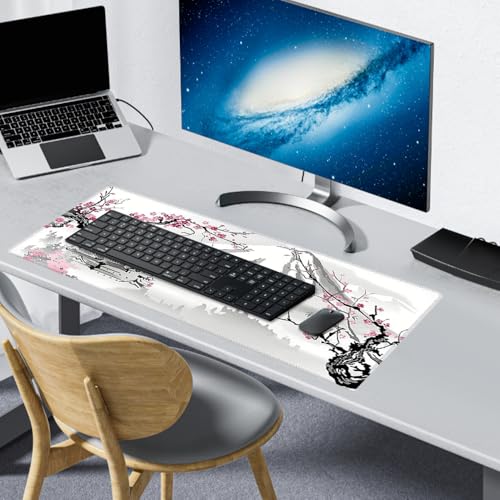 EXIN DECHEN Gaming Mousepad XXL, 900x400mm Weiß Kirschblüten Mousepad Extended Large Pc Unterlage Schreibtisch rutschfest Mauspad Japan Style für Gaming, Büro, Homeoffice, PC, MacBook, Laptop Bild 5