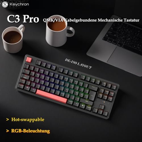 Keychron C3 Pro QMK/VIA Trådbundet Mekaniskt Tangentbord, Programmerbart, TKL-gamingtangentbord 87 Tangenter Hot-Swap RGB Backlit för Mac/Windows/Linux (Brauner Schalter) Bild 2