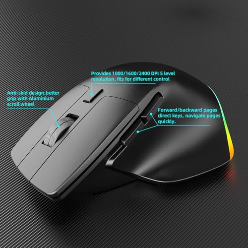 Fockety Ergonomische Maus, 2,4 -GHz -RGB -Wiederaufladbare Bluetooth Vertikale Drahtlose Maus mit 800/1200/1600 DPI, 6 Tasten, Computermaus für Laptop, Desktop, PC (Schwarz) Bild 4