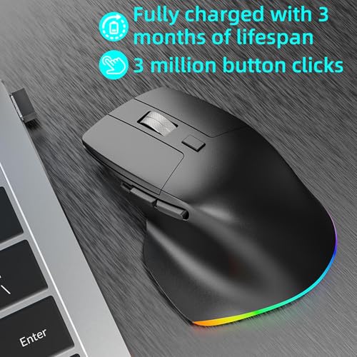 Fockety Ergonomische Maus, 2,4 -GHz -RGB -Wiederaufladbare Bluetooth Vertikale Drahtlose Maus mit 800/1200/1600 DPI, 6 Tasten, Computermaus für Laptop, Desktop, PC (Schwarz) Bild 5