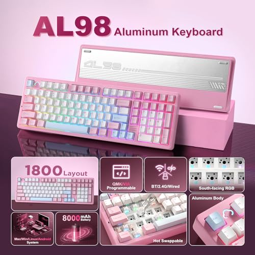 YUNZII AL98 QMK/VIA Kabellose Mechanische Gaming Tastatur, Vollaluminium,BT/2,4 GHz/USB-C,Hot-Swap Linear-Schalter Gasket 1800-Layout,RGB für Windows/Mac (Rosa, Cocoa Cream V2 Linear) Bild 2