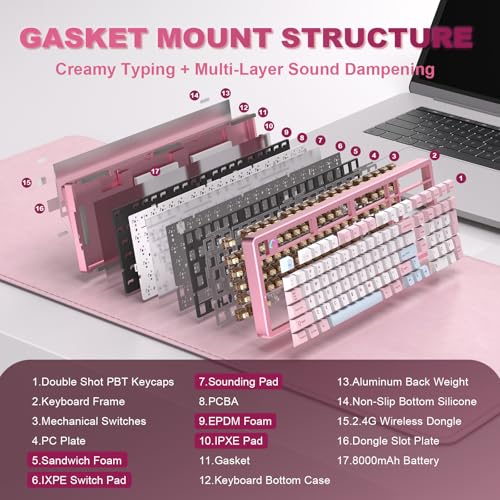 YUNZII AL98 QMK/VIA Kabellose Mechanische Gaming Tastatur, Vollaluminium,BT/2,4 GHz/USB-C,Hot-Swap Linear-Schalter Gasket 1800-Layout,RGB für Windows/Mac (Rosa, Cocoa Cream V2 Linear) Bild 5