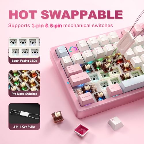 YUNZII AL98 QMK/VIA Kabellose Mechanische Gaming Tastatur, Vollaluminium,BT/2,4 GHz/USB-C,Hot-Swap Linear-Schalter Gasket 1800-Layout,RGB für Windows/Mac (Rosa, Cocoa Cream V2 Linear) Bild 6