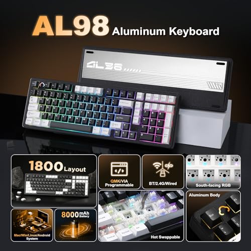 YUNZII AL98 QMK/VIA Kabellose Mechanische Gaming Tastatur, Vollaluminium,BT/2,4 GHz/USB-C,Hot-Swap Linear-Schalter Gasket 1800-Layout,RGB für Windows/Mac (Schwarz, Cocoa Cream V2 Linear) Bild 2