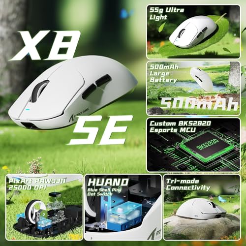 ATTACK SHARK X8 SE Kabellose Gaming-Maus, 55g Ultraleicht, PAW3311 Sensor, BK52820 Chip, 25.000 DPI, BT/2,4G/USB-C, 80 Mio. Klicks, 500mAh Akku, Treiber für PC/Mac-Weiß Bild 2