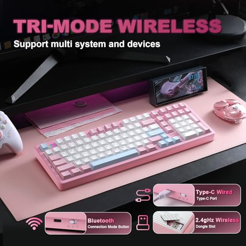 YUNZII AL98 QMK/VIA Kabellose Mechanische Gaming Tastatur, Vollaluminium,BT/2,4 GHz/USB-C,Hot-Swap Linear-Schalter Gasket 1800-Layout,RGB für Windows/Mac (Rosa, Milk V2 Linear) Bild 3