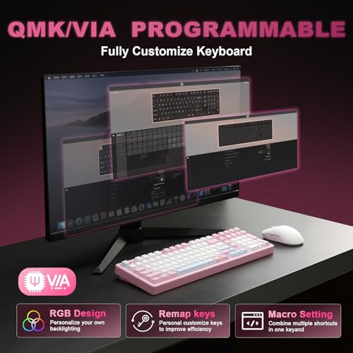 YUNZII AL98 QMK/VIA Kabellose Mechanische Gaming Tastatur, Vollaluminium,BT/2,4 GHz/USB-C,Hot-Swap Linear-Schalter Gasket 1800-Layout,RGB für Windows/Mac (Rosa, Milk V2 Linear) Bild 4
