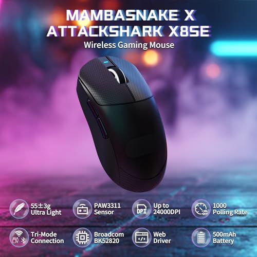 MAMBASNAKE X Attack Shark X8SE 55g ultraleichte kabellose Gaming-Maus mit Band–25000 DPI,PAW3311 Sensor,Tri-Mode BT/2,4G/USB-C,80 Mio Klicks,40G Beschleunigung,500mAh,Web-Treiber,für Win/Mac–Schwarz Bild 2