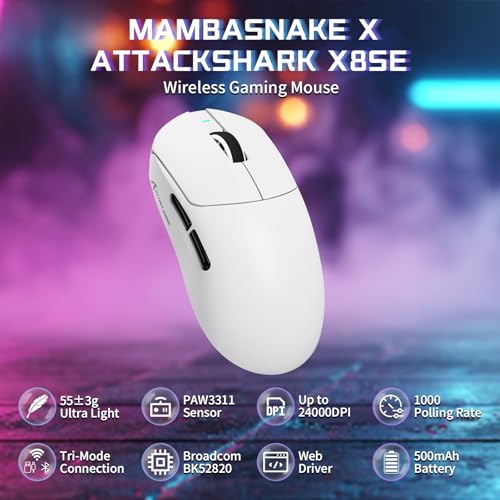 MAMBASNAKE X ATTACK SHARK X8SE 55g ultraleichte kabellose Gaming Maus–bis zu 25000 DPI,PixArt PAW3311-Sensor,Tri-Mode BT/2,4G/USB-C,80 Mio Klicks,40G Beschleunigung,500mAh,Web-Treiber,für Win/Mac–Weiß Bild 2