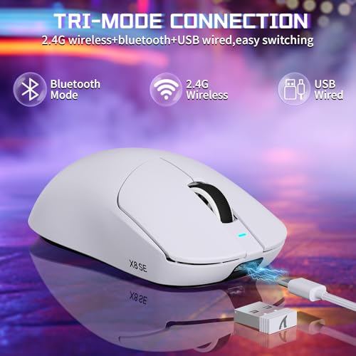 MAMBASNAKE X ATTACK SHARK X8SE 55g ultraleichte kabellose Gaming Maus–bis zu 25000 DPI,PixArt PAW3311-Sensor,Tri-Mode BT/2,4G/USB-C,80 Mio Klicks,40G Beschleunigung,500mAh,Web-Treiber,für Win/Mac–Weiß Bild 3