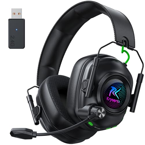 Krysenix KGH2 Gaming Headset Wireless für PS5, PS4, PC, Mac, Switch, 2.4GHz Gaming Headset mit Mikrofon, Noise Cancelling Kabelloses Kopfhörer mit LED-Lichtern, 40H Akkulaufzeit, Tintenschwarz Bild 1