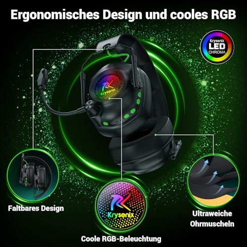 Krysenix KGH2 Gaming Headset Wireless für PS5, PS4, PC, Mac, Switch, 2.4GHz Gaming Headset mit Mikrofon, Noise Cancelling Kabelloses Kopfhörer mit LED-Lichtern, 40H Akkulaufzeit, Tintenschwarz Bild 3