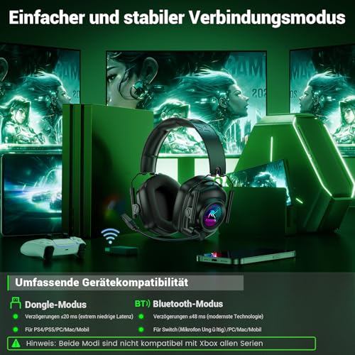 Krysenix KGH2 Gaming Headset Wireless für PS5, PS4, PC, Mac, Switch, 2.4GHz Gaming Headset mit Mikrofon, Noise Cancelling Kabelloses Kopfhörer mit LED-Lichtern, 40H Akkulaufzeit, Tintenschwarz Bild 4